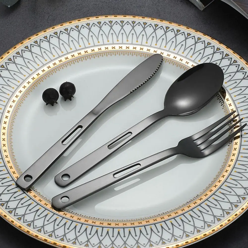 4/7pcs Camping Cutlery Set Black/Silver with Buckle and Storage Bag Flatware Set Stainless Steel Spoon Fork Set Travel