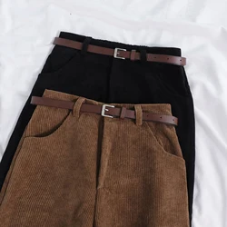 Autumn Winter New Casual Pants Female American Vintage Streetwear Corduroy Pants Women Fashion with Belt Loose Wide Leg Trousers