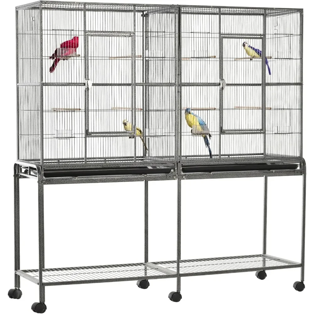 Birdcage, 65 Inch Double Roll Metal Birdcage Feeder with Detachable Rolling Rack, Storage Rack, Birdcage