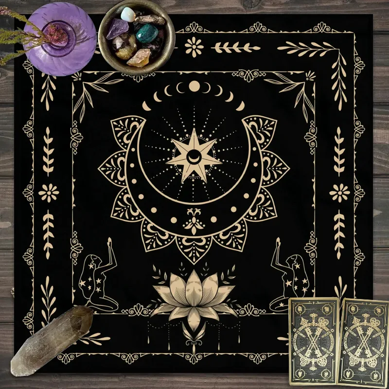 VIKAMA Moon Flower Double Dancer Tarot Tablecloth, Crescent Moon Starlight Lotus Ritual Mat, Sacred Spiritual Background Cloth