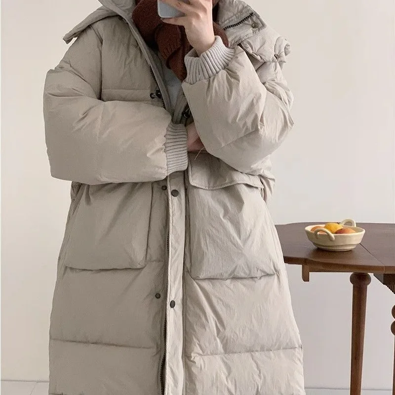 Jaqueta de comprimento médio para mulheres, casaco solto, Parkas grossas, outwear quente, com capuz, sobretudo versátil, nova versão, inverno, 2023