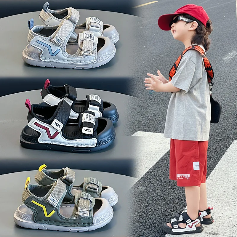 Boys Half Open Toes Sandals Kids Summer Shoes 2026 Child fabric Hook Loop Flat Walking Beach Barefoot Shoe 26-36