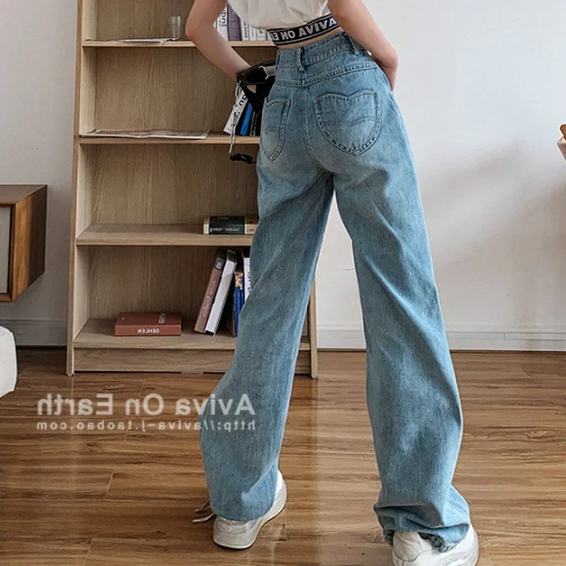 Fashion Light Blue Love Pocket Loose Casual Straight Light Thin Hole Denim Trousers Female Summer New Y2k Baggy Wide Leg Jeans