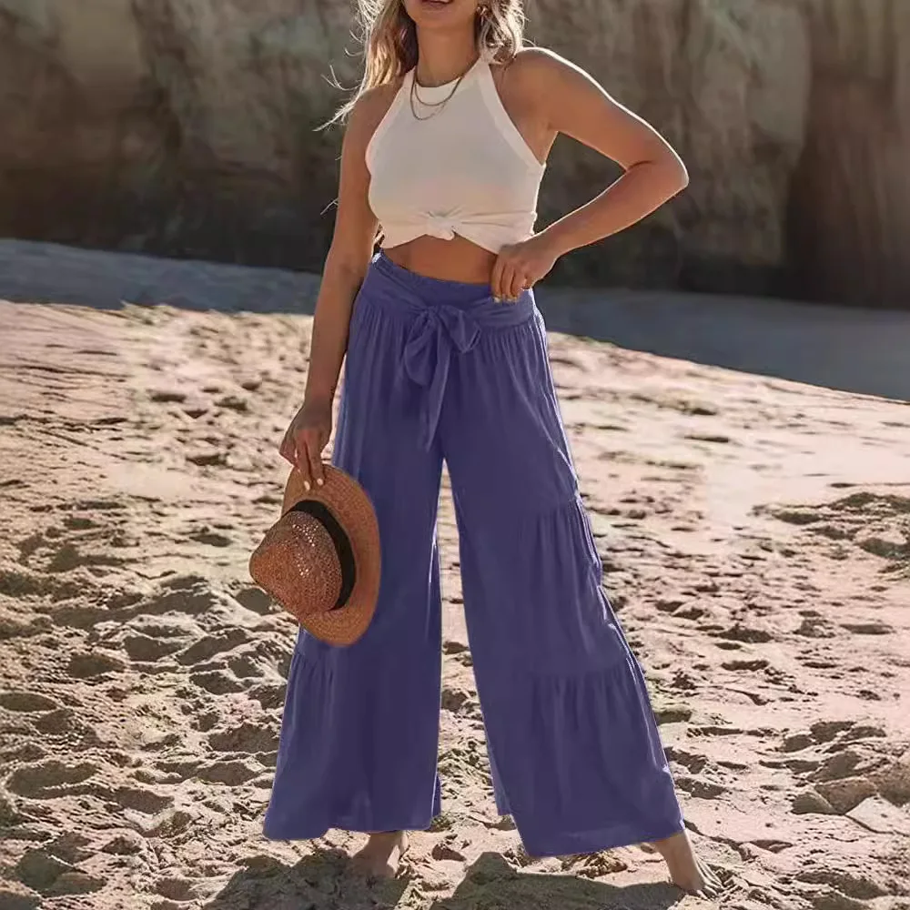 Moda Temperament Jednolity kolor Długie spodnie Kobiety Fałdy Leace-up Wysoka talia Luźne szerokie nogawki Spodnie damskie Casualowe spodnie z szerokimi nogawkami
