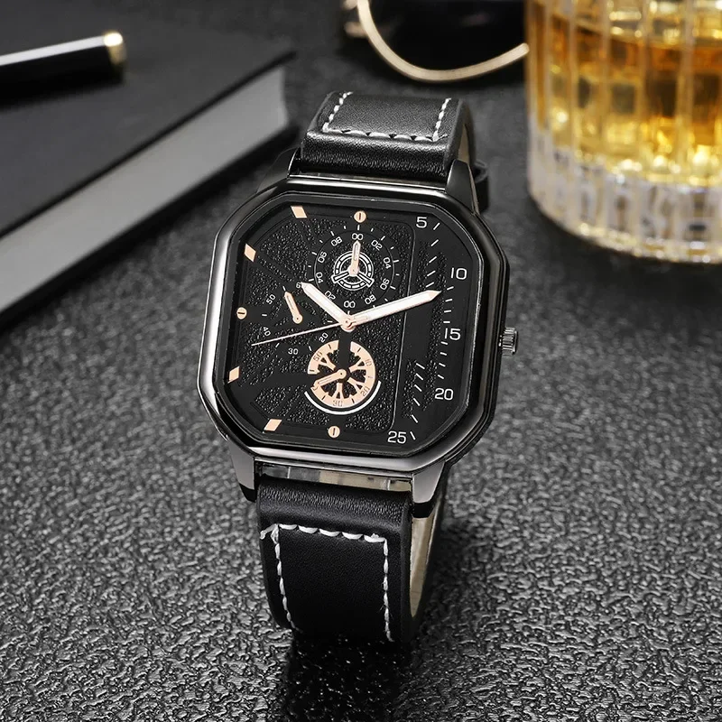 Alloy Men Quartz Watches Leather Strap Big Dial Student Square Sports Watch Cool Black Men\'s Watch Waterproof Wristwatch