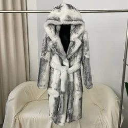 Luxury Fur One Thick Warm Hooded Real Rabbit Fur Coat for Women Long Natural Real Fox Fur Coat Fur Coat Women 2024 Autumn Winter