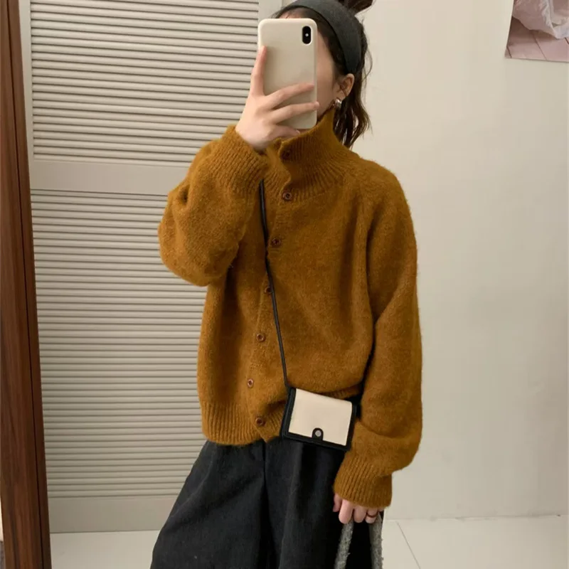 

Осень-зима 2022, новый свитер с воротником-стойкой и деревянными пуговицами, женский вязаный кардиган с воротником Soft Nuo, ленивый стиль, пальто
