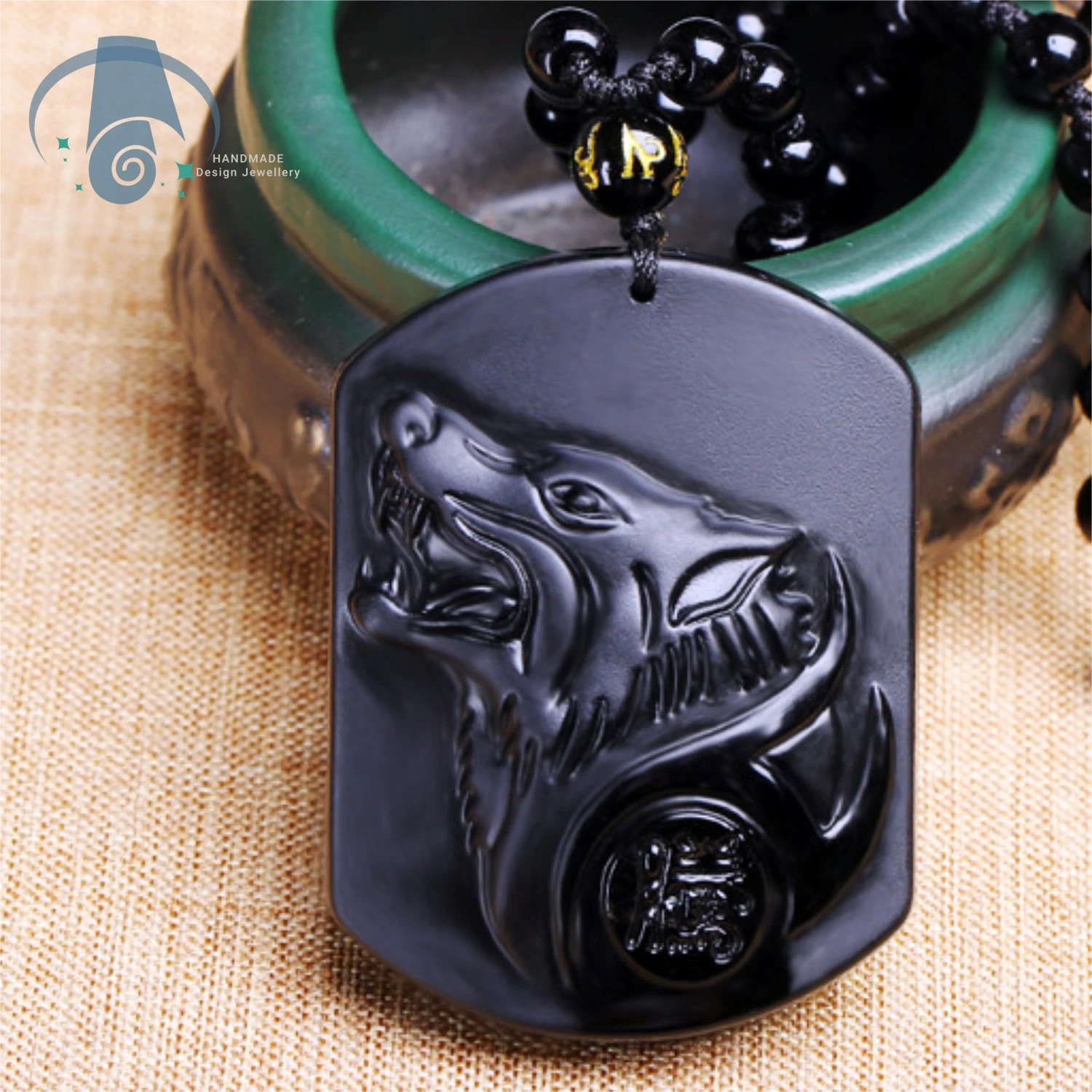 Natural Obsidian Wolf Head Pendant Zodiac Dragon Soaring Four Seas Necklace Sweater Chain Powerful Men's and Women's Accessories