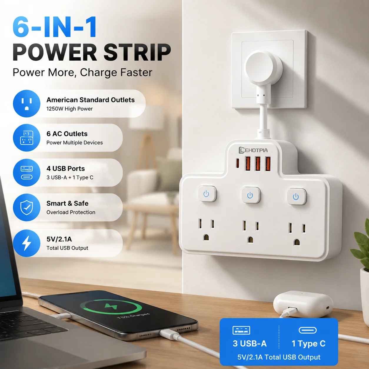 US Plug 6 AC Power Strip Outlet Wall Mounted Independent Switch Multitap Power Socket With USB C Ports Charging Network Filter