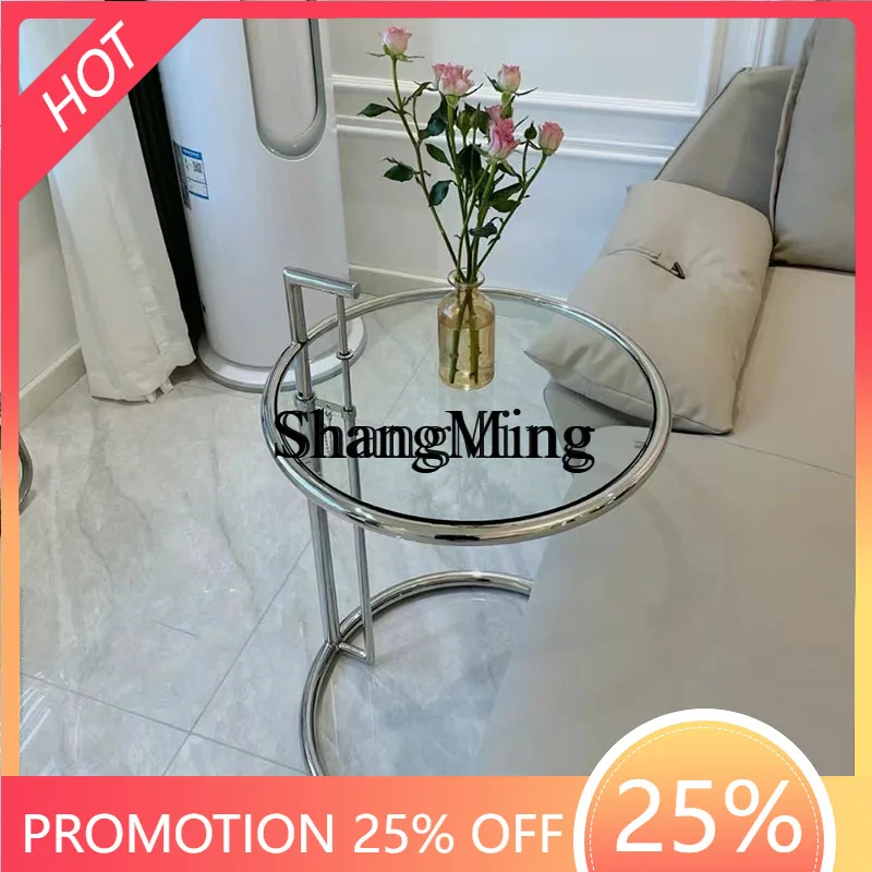 

FG Internet Celebrity INS Transparent Glass Living Room Sofa Side Table Home Round Stainless Steel Vintage Adjustable Side Table