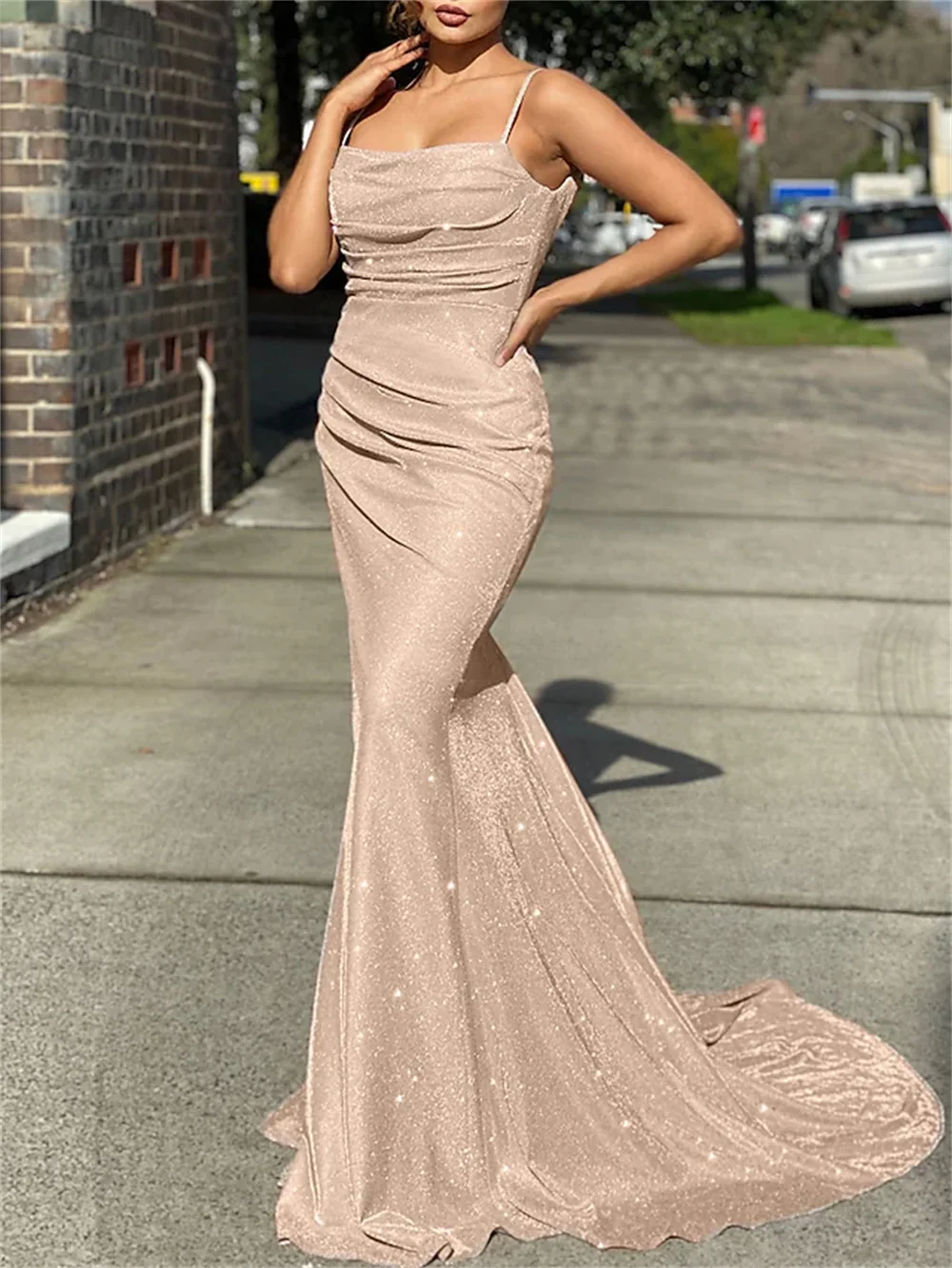 

Mermaid / Trumpet Evening Dresses Sexy Court Train Sleeveless Spaghetti Strap Sequined With Ruched Ladies 2023 / Sparkle & Shine