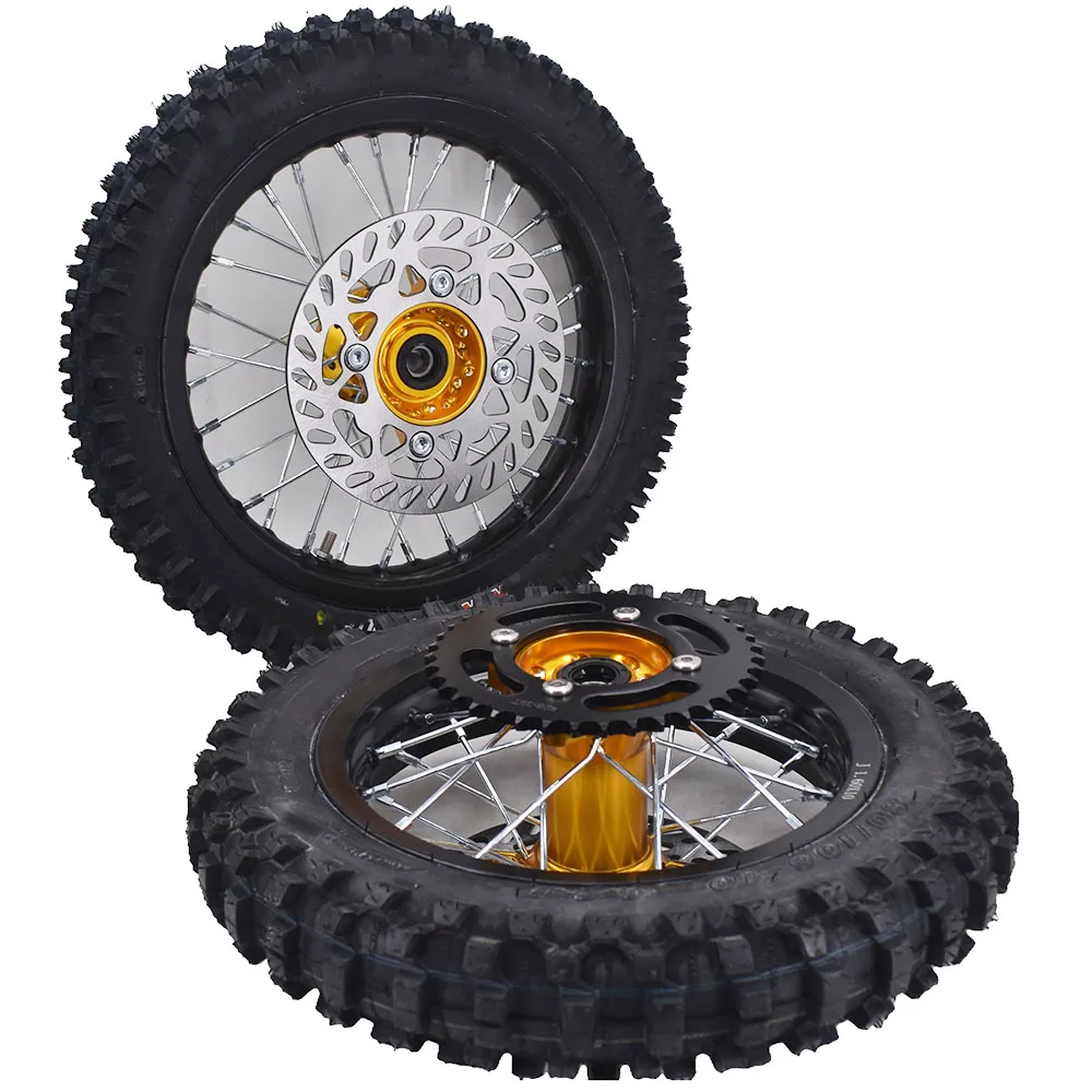 

1.60-12 front rim with 60/100-12 off-road tires and 1.60-10 rear 80/100-10 wheels