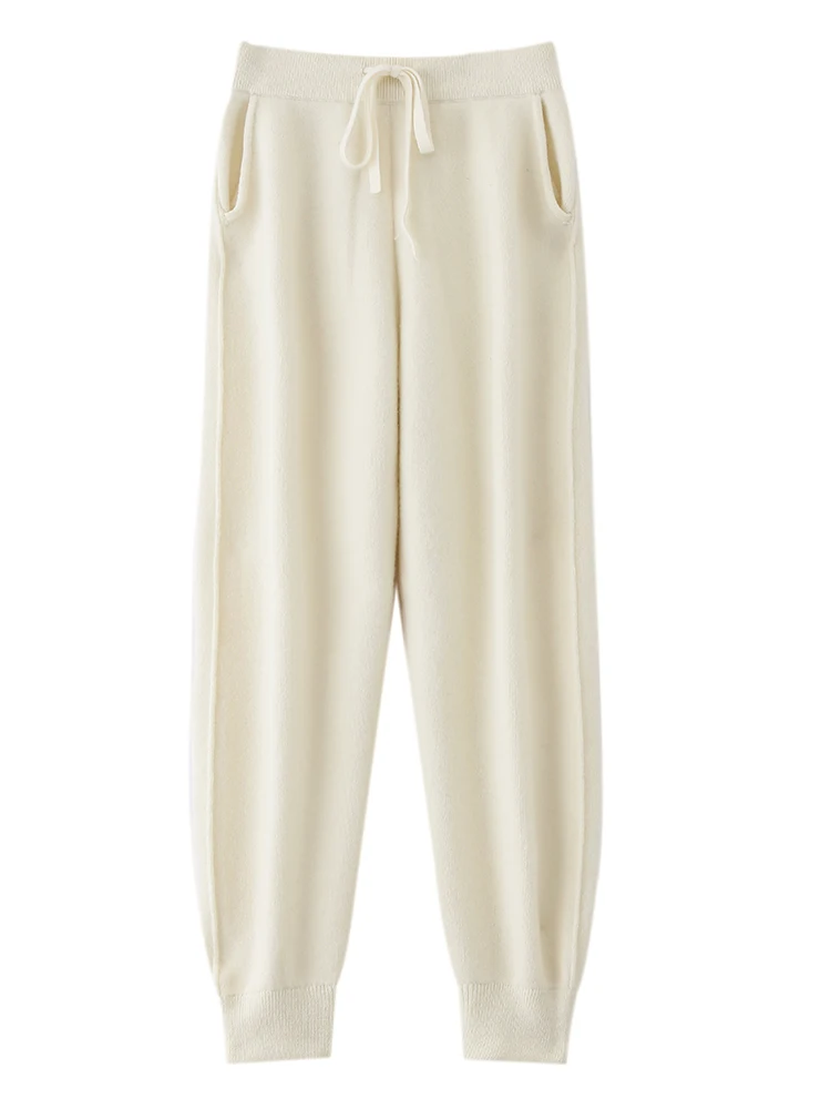 

Women's Pencil Pant 100% Merino Wool Knitted Wide Leg Basic Thick Warm Cashmere Elastic Waist Casual Knit Trousers Autumn Winter