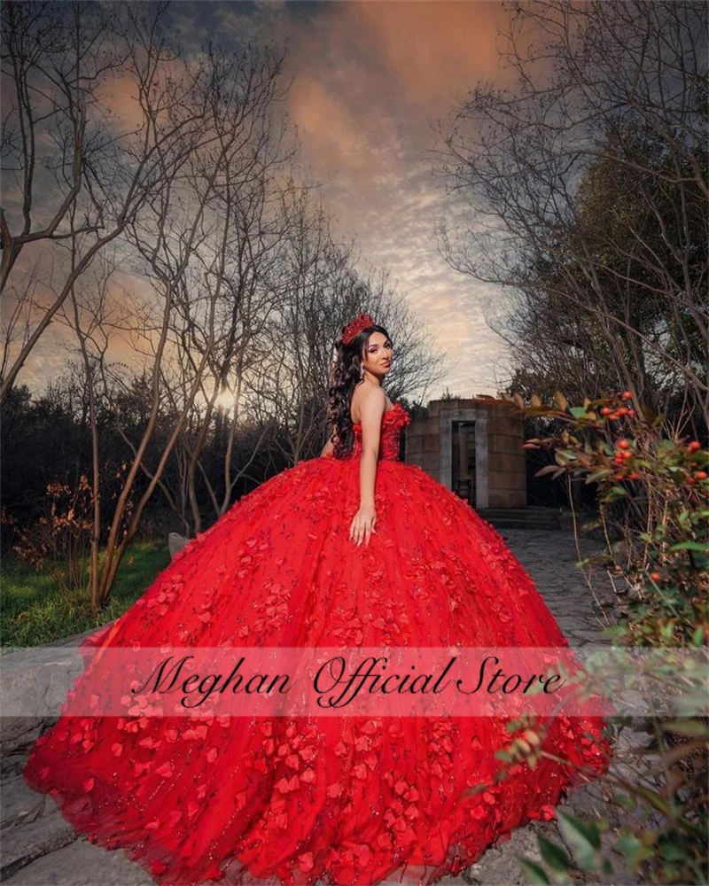 Vestido para quinceañeras con escote en forma de corazón rojo de México, vestidos de fiesta de cumpleaños con cuentas de flores en 3D, vestido de baile largo para graduación, dulce 16, personalizado