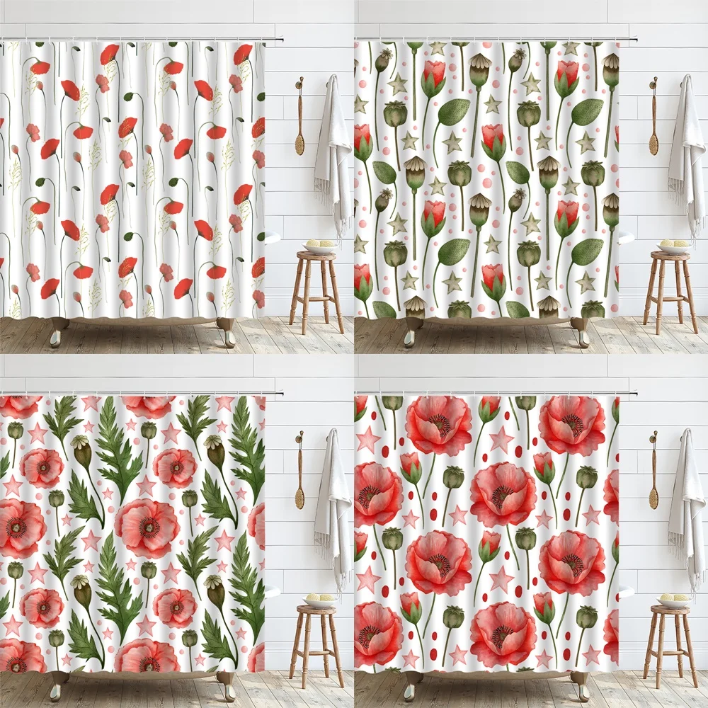 Red Poppy Floral Shower Curtain Watercolor Plants Flowers Leaves Fabric Bathroom Decor Bath Curtains Washable Screen With Hooks