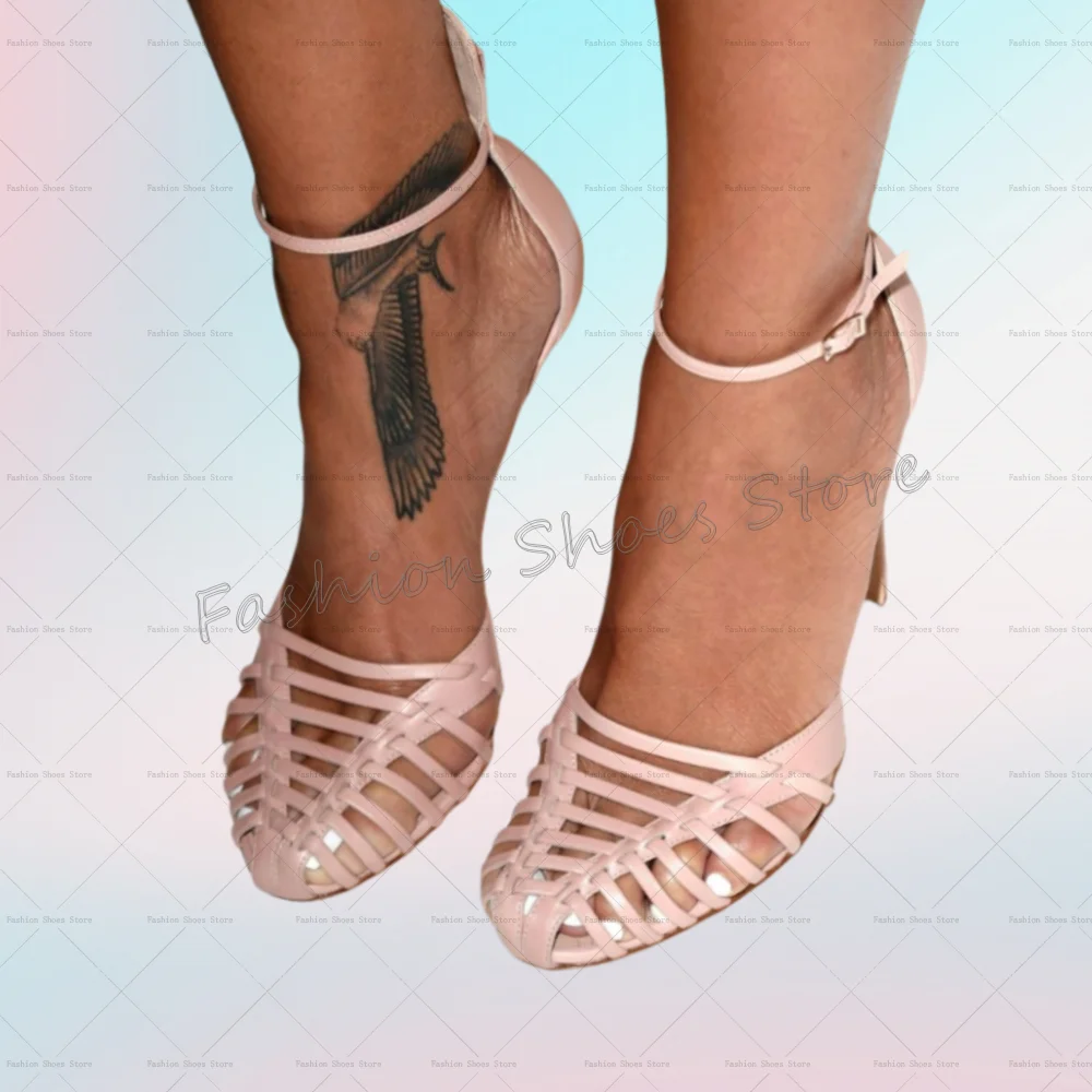 

Nude Hollow Out Ankle Strap Sandals Matte Leather Thin High Heels High Heel Shoes for Women Heels 2025 New Zapatos Para Mujere