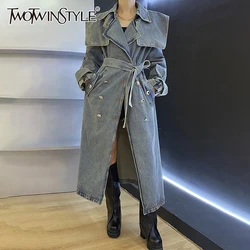 TWOTWINSTYLE Denim Patchwork Lace Up Trench For Women Lapel Long Sleeve Spliced Button Casual Minimalist Windbreaker Female New