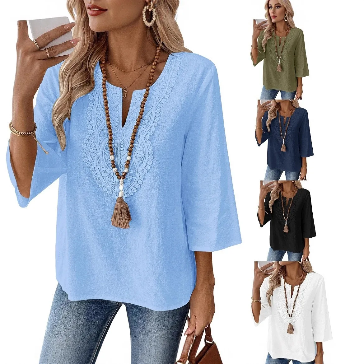 

Boho Linen Blend Blouse V Neck 3/4 Sleeve Patchwork Blouses Light Blue Loose Fit Lace Trim Top Olive Green Bell Sleeve Cotton