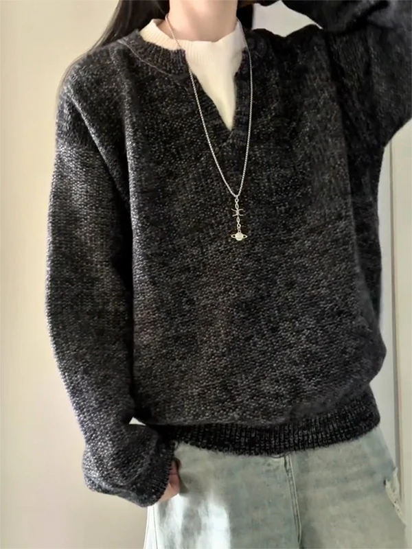 

Мужской свитер свободного кроя с V-образным вырезом, имитация двухслойности, повседневный, комфортный, дышащий, теплый, зимний, базовый слой/верхняя одежда