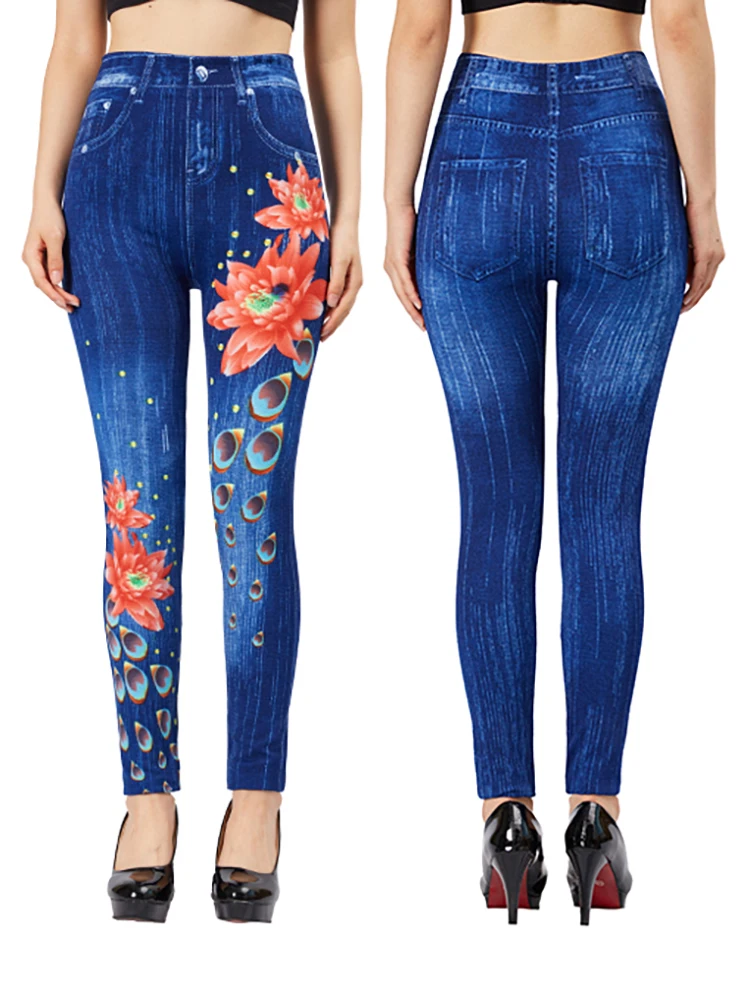 CUHAKCI Lotus Print Imitation Denim Leggings Fake Women Slim Fit Stretch Jeggings Blue Breathable False Jeans Pencil Pants