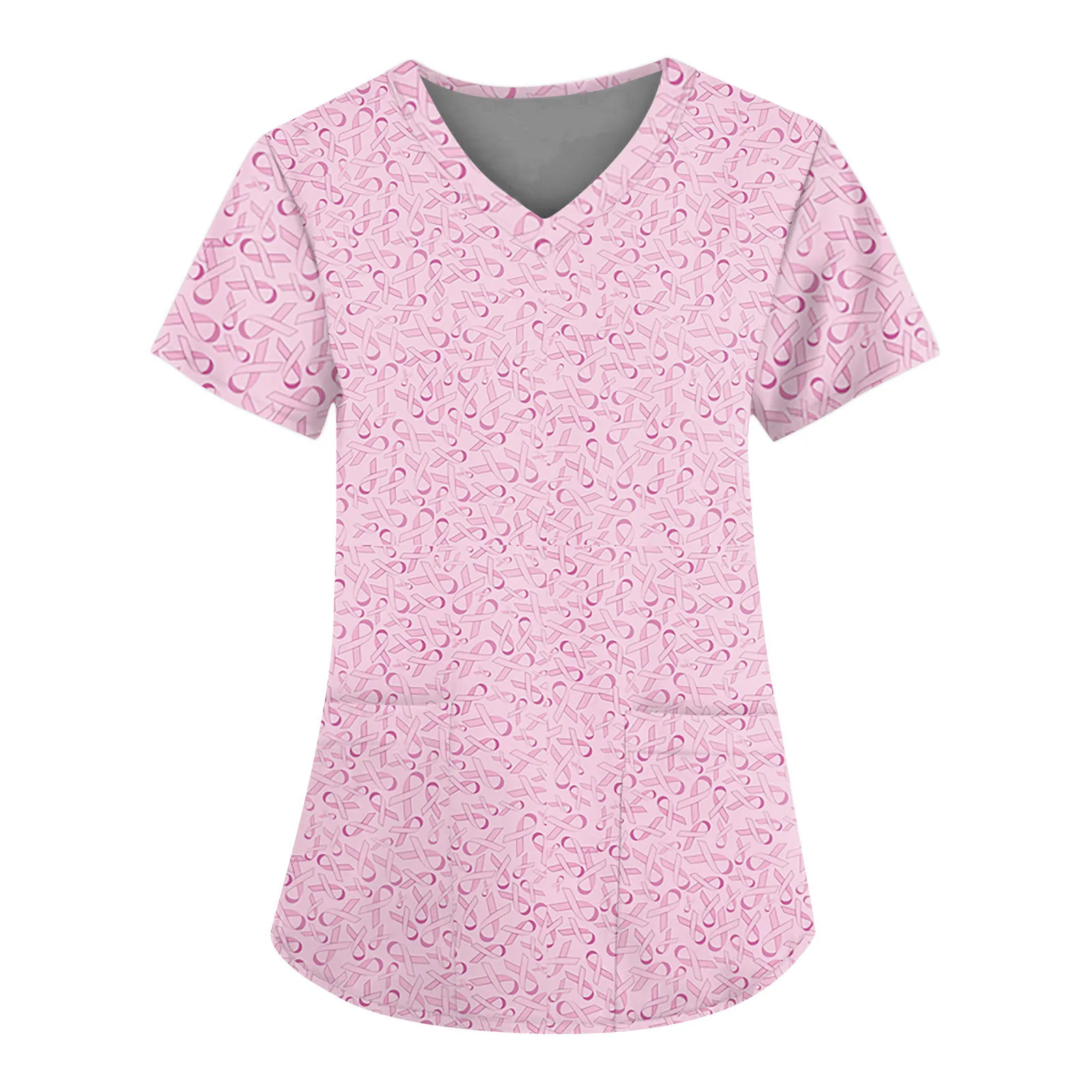 Women's medical gown cartoon 3D printed V-neck clinical gown short sleeved patch pocket top women's surgical nurse gown