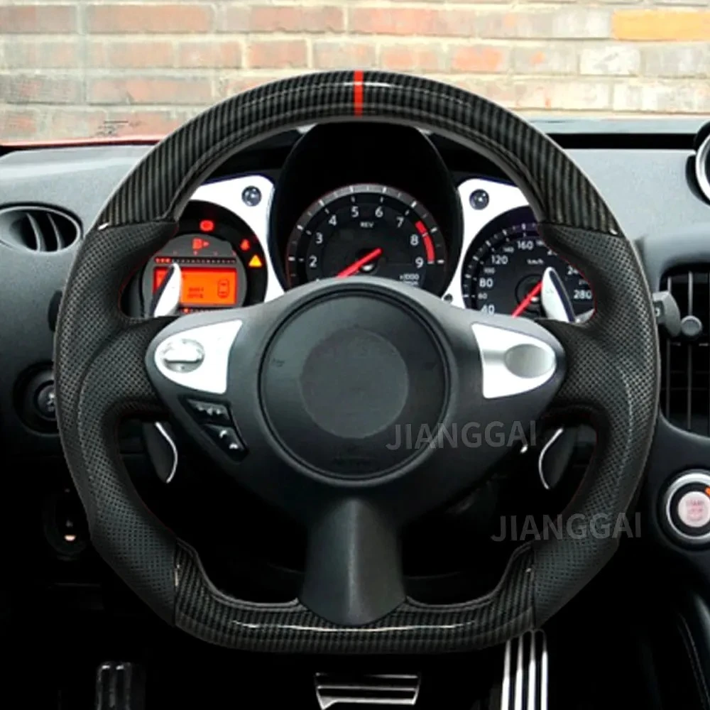 

Hydro Dip Carbon Fiber Steering Wheel Perforated Leather Red Stitch For Nissan 370Z NISMO Sentra 2008-2019 Racing Sport Wheel