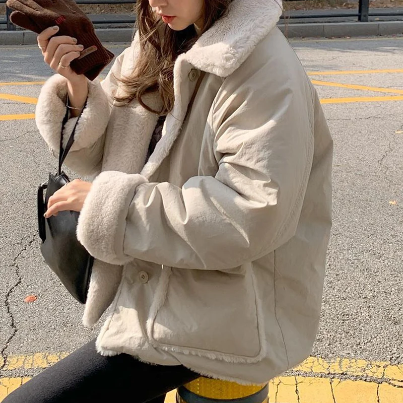 Women's Winter Thick Short Fur Coat, Single Breasted Parkas, Lapel Collar, Plush Overcoat, Snow Wear Outerwear, Female Jacket