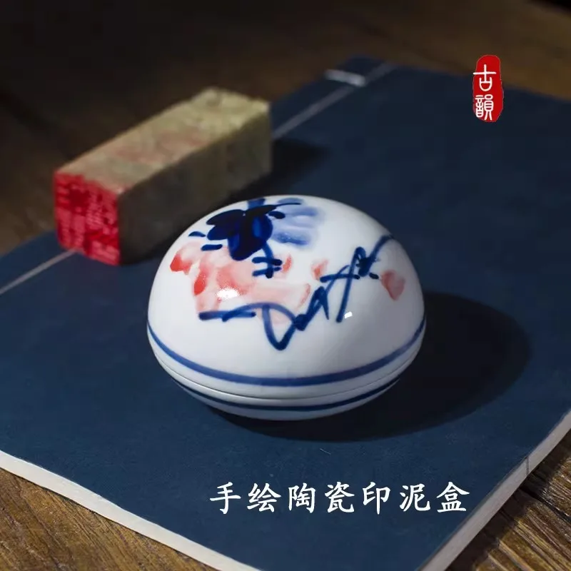 

Hand-painted Chinese Ink Pad Ceramic Porcelain Calligraphy Stamp Seal Painting Inkpad Storage Box