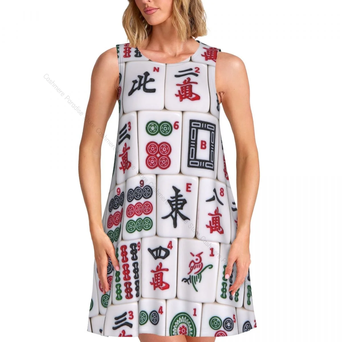 Vestido informal hasta la rodilla para mujer, vestido por encima de la rodilla con patrón de azulejos Mahjong, cuello redondo, sin mangas