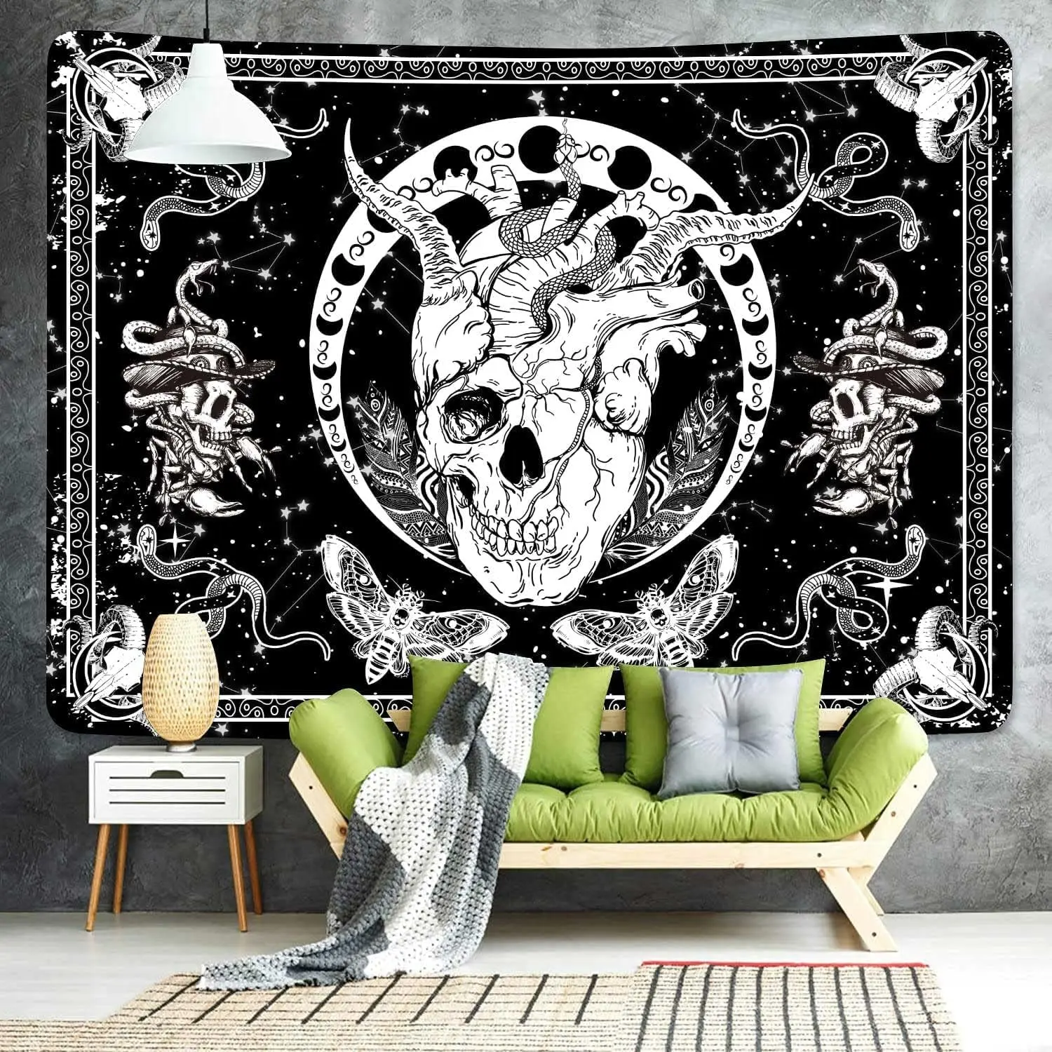 Skull Tapestry Black White Snake Moth Skeleton Moon Phase Wall Hanging for Room Decor