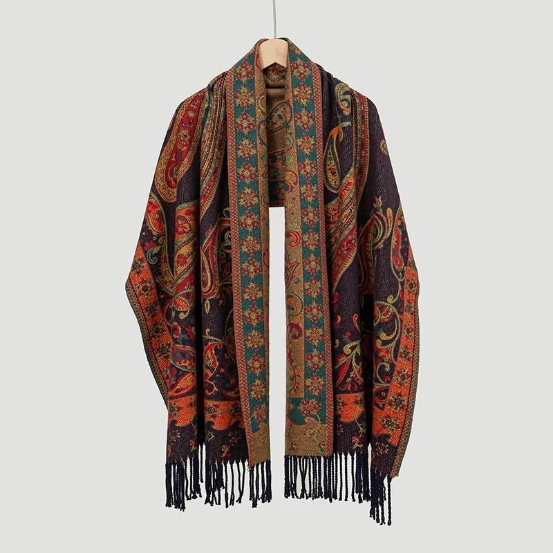 Winter Warm Thick Ethnic Style Jacquard Scarf Outdoor Women Travel Paisley Cashmere Tassel Shawl Neck Wrap Pashmina Floral