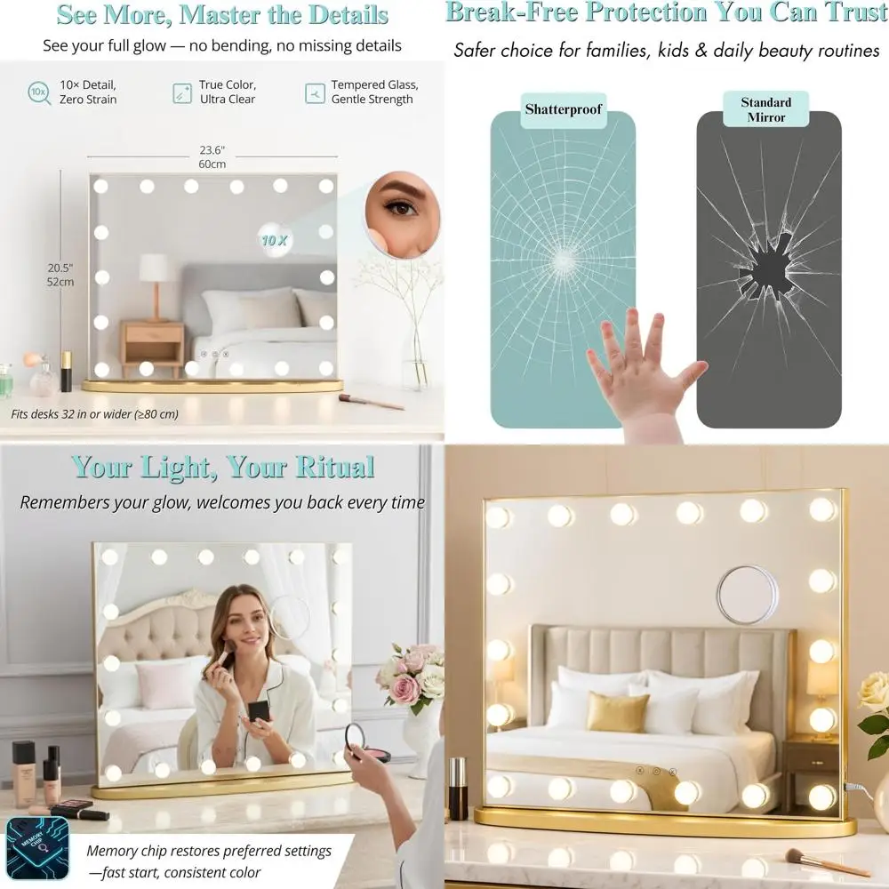 18-LED Hollywood make-upspiegel, 23,6 lang, 3-kleuren verlichting, tafelblad make-upspiegel voor slaapkamer