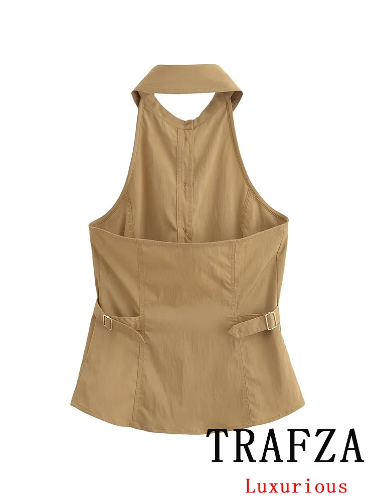 TRAFZA Vintage Sexy Chic Women Halter Tops Solid Single Breasted Backless Sleeveless Short Vest Fashion 2024 Spring Summer Tops