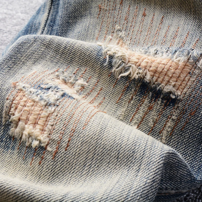 Fashion Designer Men Jeans High Quality Retro Washed Blue Slim Fit Ripped Jeans Homme Embroidery Patched Vintage Denim Pants Men