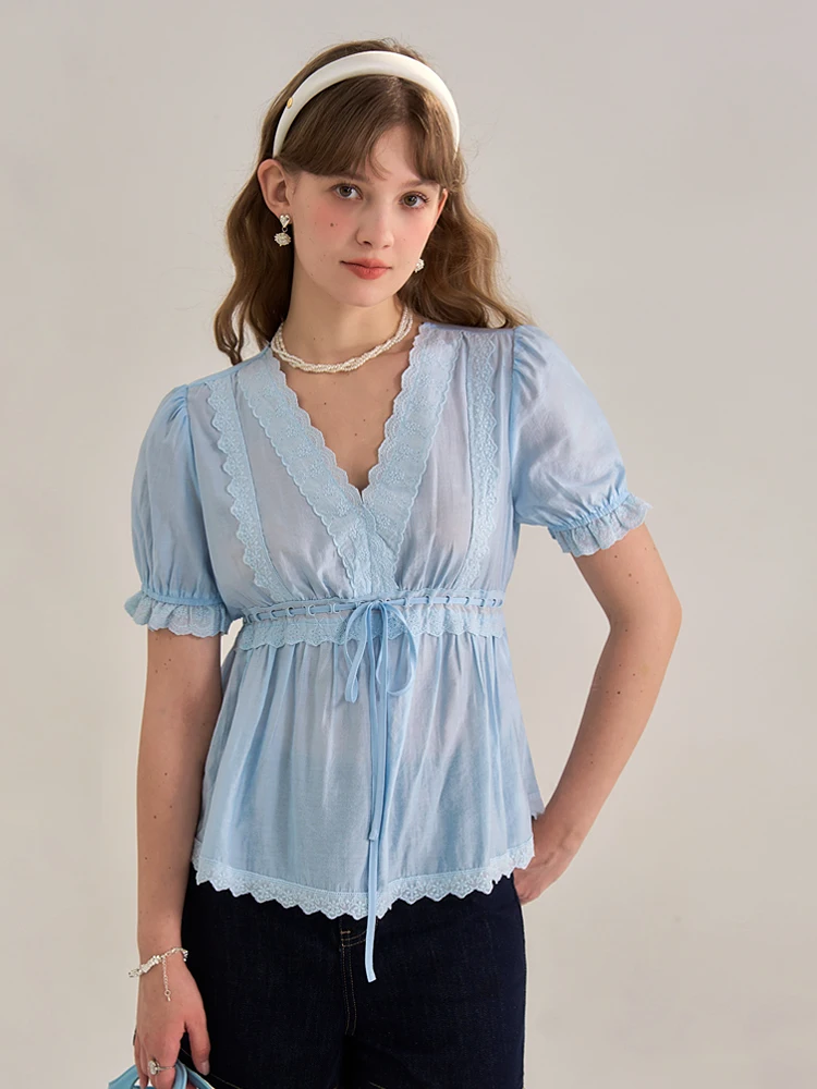 

Lycheerose French Sle V-ne Tie Waist Doll irt Women's Summer Slimming Gentle Top Loose Fit ort Sve Bubble Sve