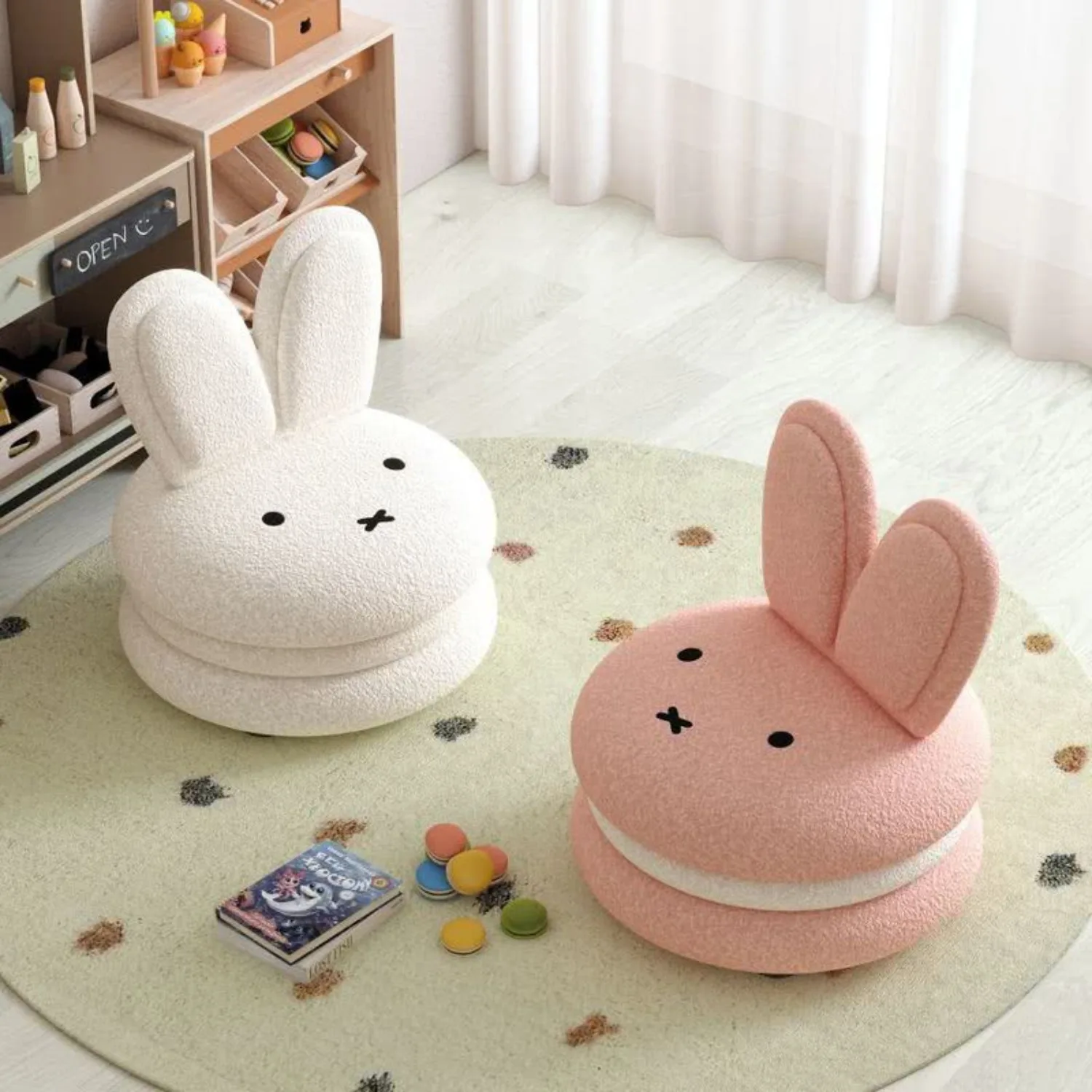 Cute Lovely Miffy Stool Household Lamb Velvet Kids Chair with Universal Wheels Soft Sofa Side Chair Lovely Children Leisure Seat