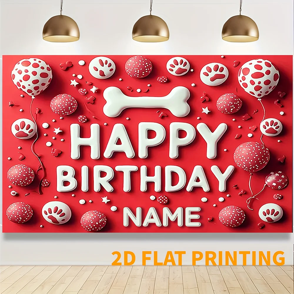1pc  Red Paw Print Dog Happy Birthday Backdrop Custom Name Pet Birthday Party Banner Decoration - view 2