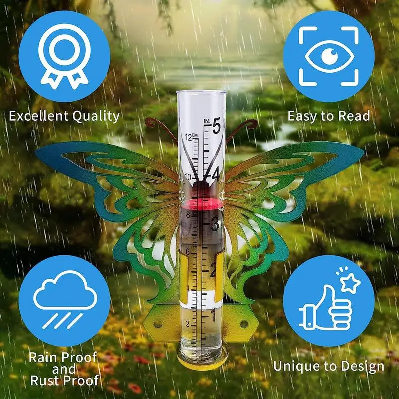 Imagem -04 - Medidor de Chuva ao ar Livre Fácil de Ler Coletor de Chuva com Arte de Metal Decoração do Jardim Pátio Medidor de Chuva Métrica Imperial para Parques