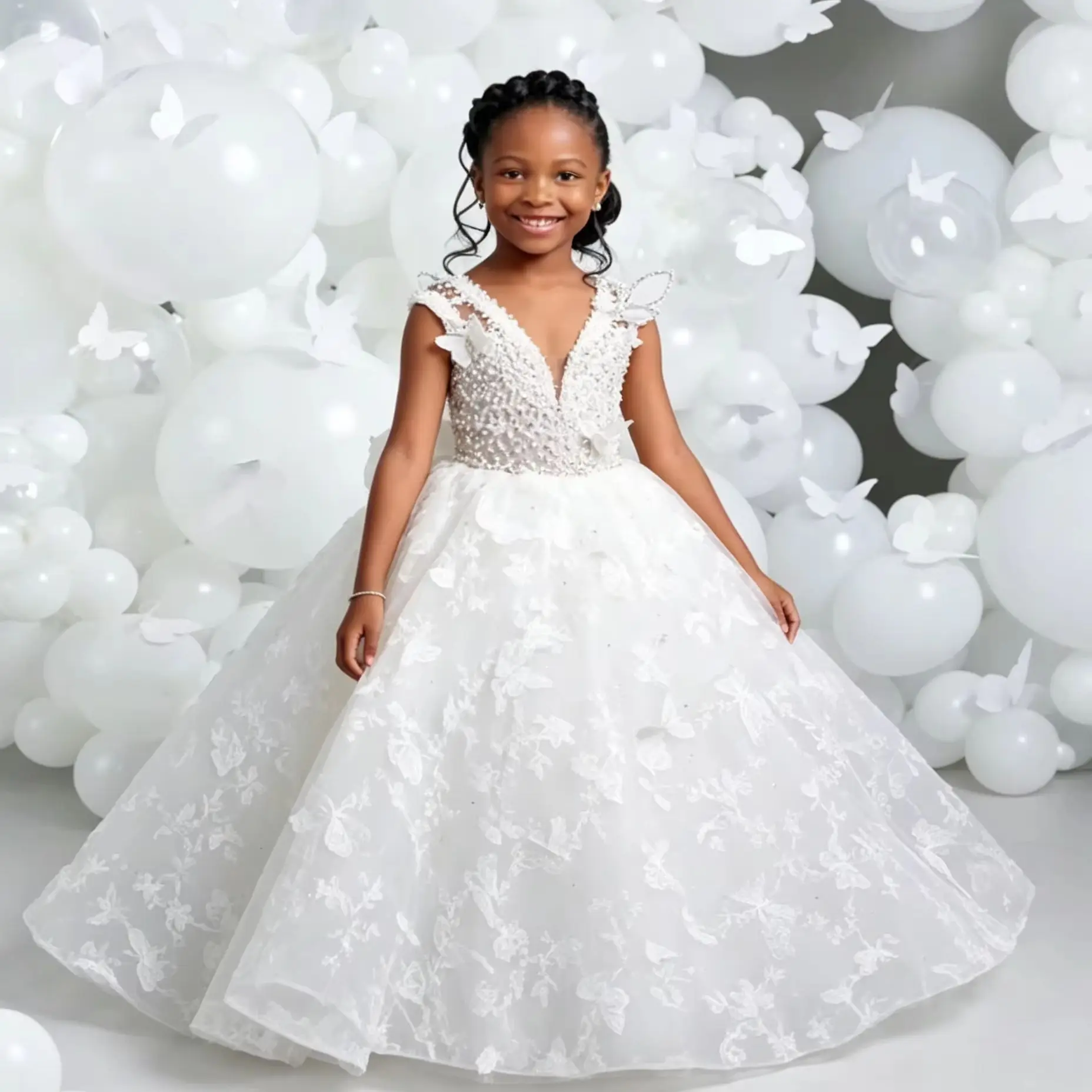 White Butterfly Lace Tulle Long Flower Girl Dress Sleeveless Beaded Communion Birthday Kids Formal Princess Evening Gown