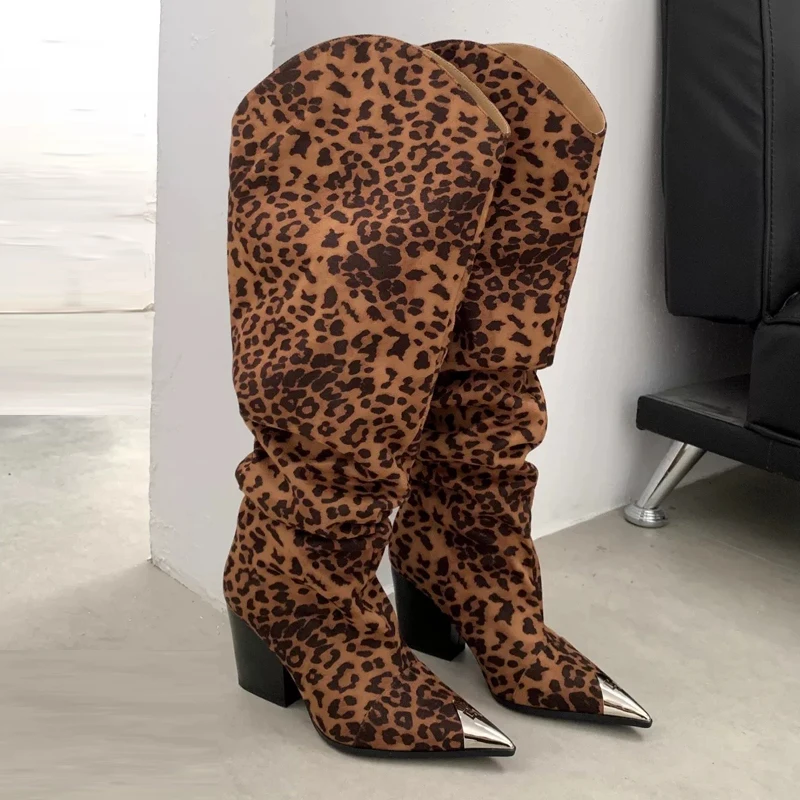 ZAROY Punk Metal Pointed Toe Knee High Boots Women Winter Retro Leopard Print Square Low Heels Pleated Western Cowboy Long Botas image 3