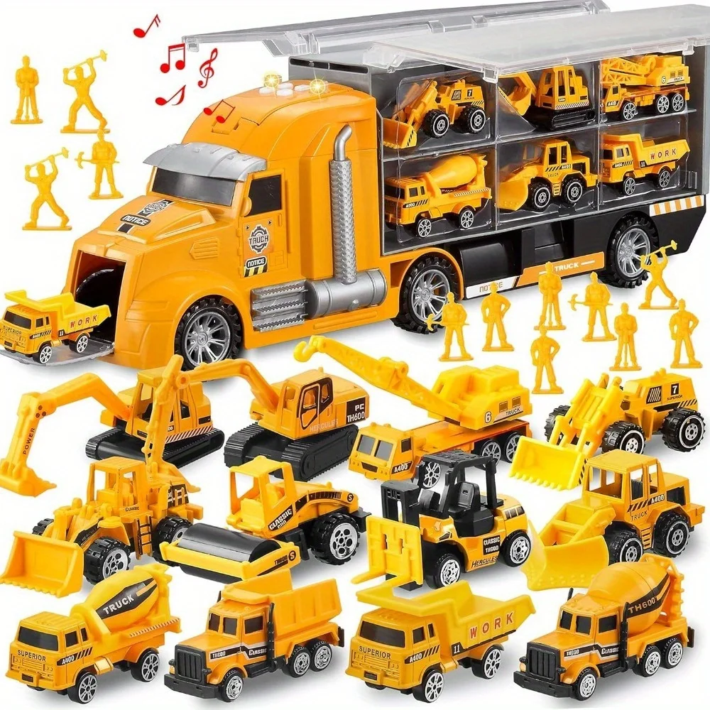 JOYFY Ensemble de 25 véhicules de chantier moulés sous pression avec sons et lumières dans un camion de transport, cadeaux d'anniversaire pour enfants