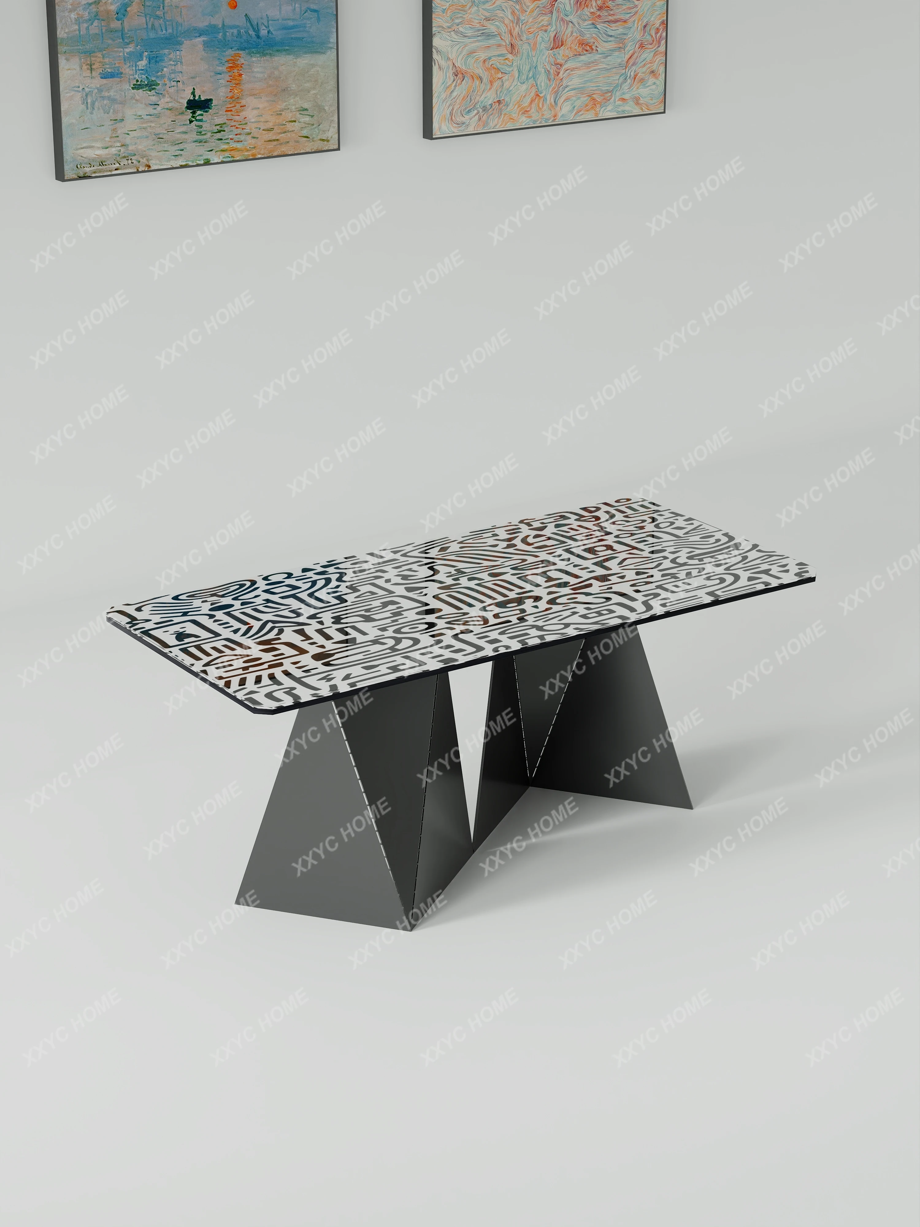 

QQModern minimalist art glass long dining table living room home creative graffiti dining table set new