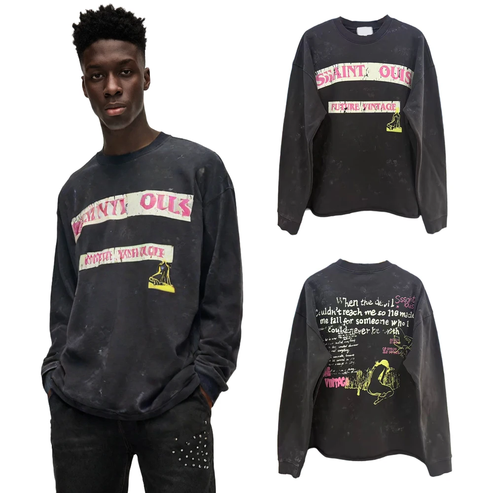 Y2k Streetwear Vintage Graffiti Graphic T Shirts Hip Hop Street Style Cotton Distressed Oversized Casual Full Sleeves Tees Men's