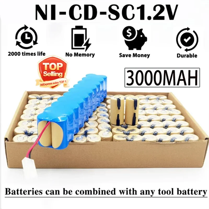 Wysokiej jakości akumulator Ni-Cd 1,2 V, 3000 mAh, przeznaczony do wkrętarek, kompatybilny z narzędziami elektrycznymi marek Makita, Bosch, Hitachi i DeWalt, seria Sub-C SC.