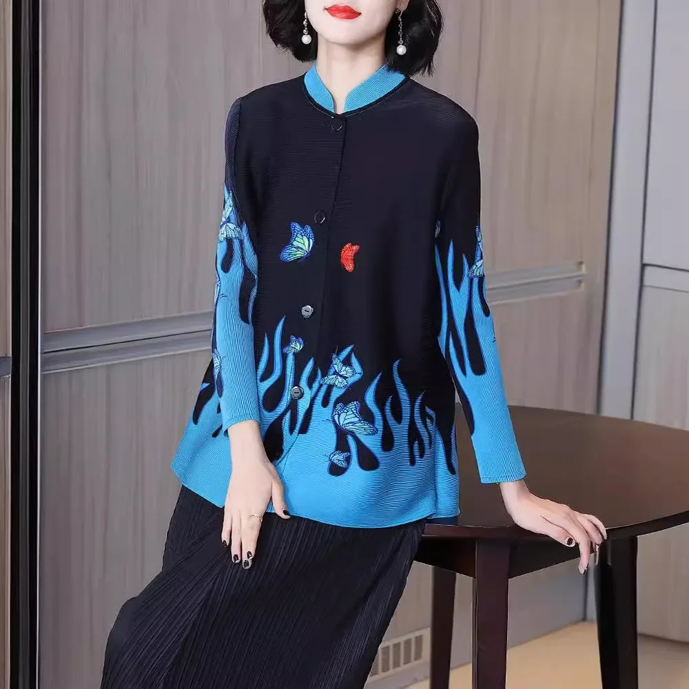 

Новый свободный крой с принтом в стиле ретро, весна/лето, универсальный топ больших размеров, однобортный топ с воротником-стойкой, винтажные топы