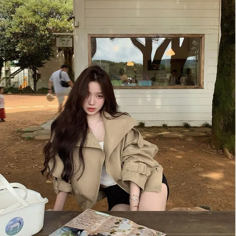 

Двубортная короткая ветровка с воротником-стойкой для женщин, осень 2024, новый стиль, темпераментный кардиган в британском стиле, куртка, топ