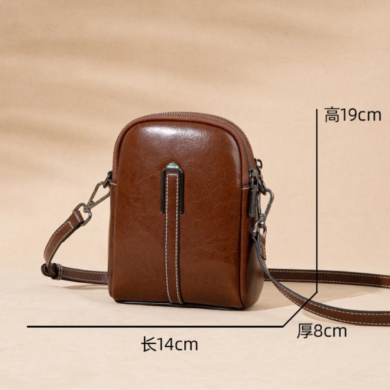 Oil Wax Cowhide Leather Women\'s Summer Phone Bag Crossbody Fashionable and Casual Shoulder Bag Ladies\' Small Shell Purse