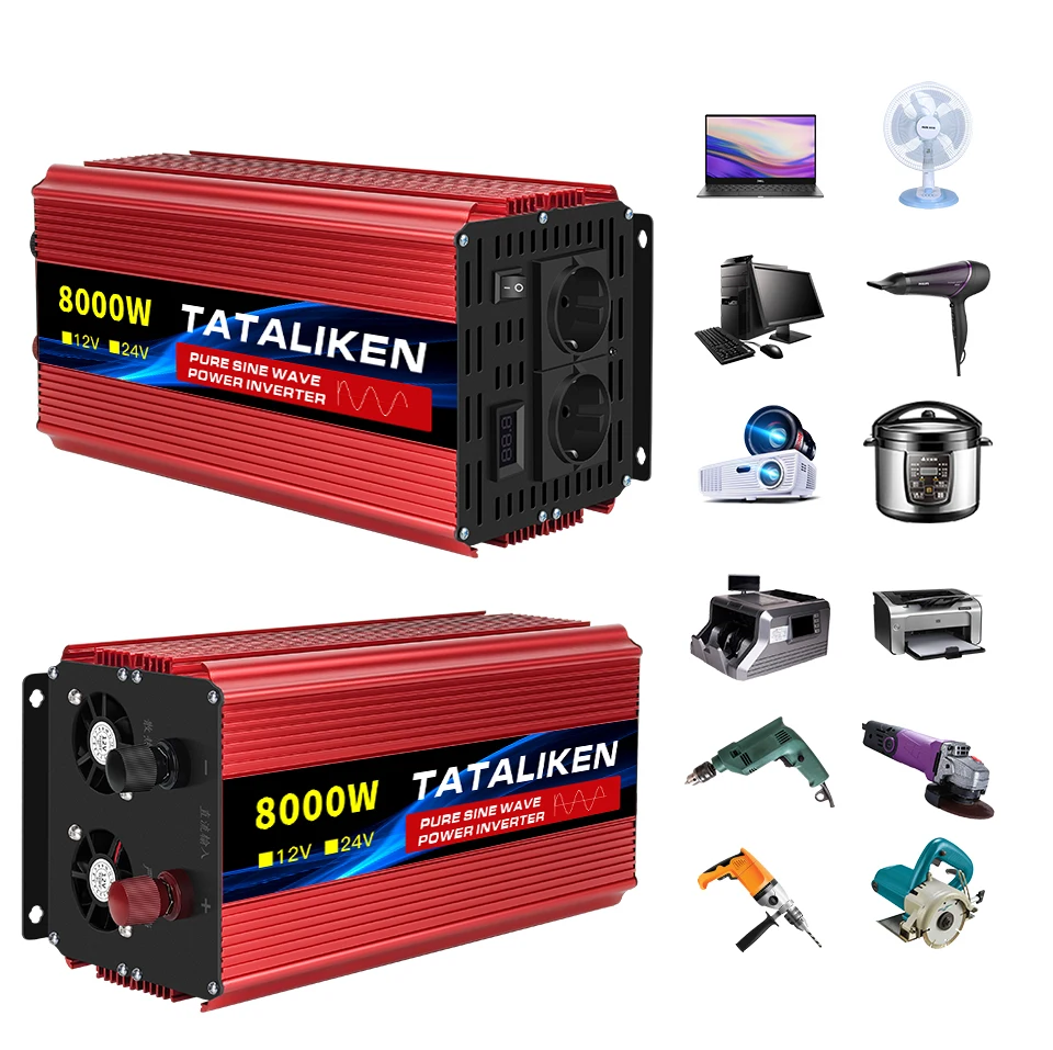 8000W/12000W Pure Sine Wave Inverter DC 12V/24V to AC 220V 50hz Power Inverter Charger Converter Adapter EU Socket