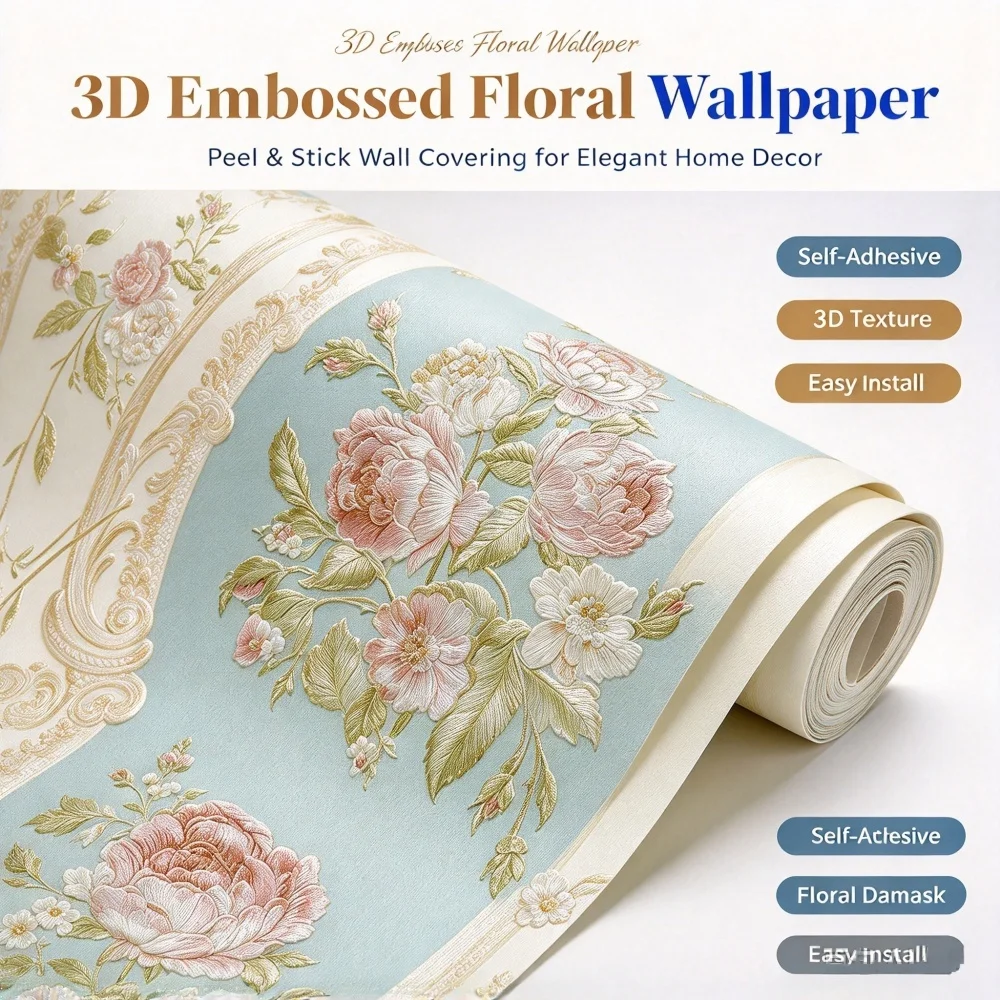 3D Embossed Non-Woven Wallpaper Self Adhesive Peel and Stick Wallpaper Roll Pastoral European Floral Design for Bedroom Living