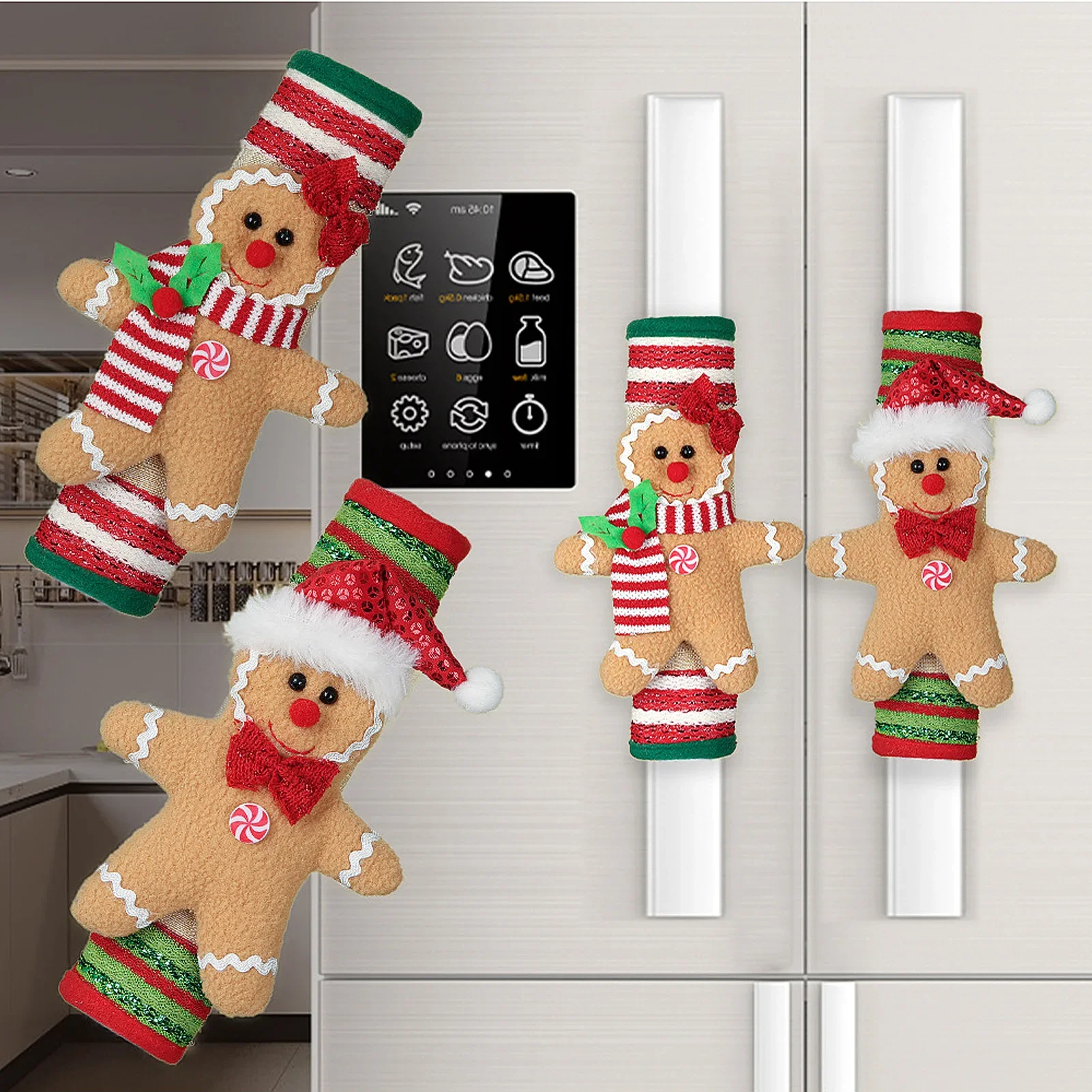 Christmas Gingerbread Fridge Handle Cover Soft Fabric Handle Dustproof Cover for Fridge Cabinet Drawer Christmas Home Decoration